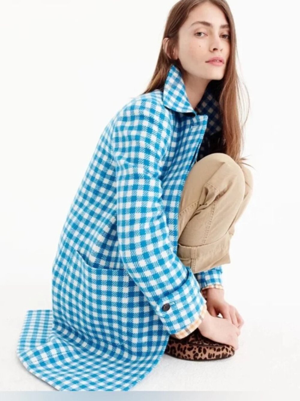 J. Crew Gingham Blue White Wool Coat 14